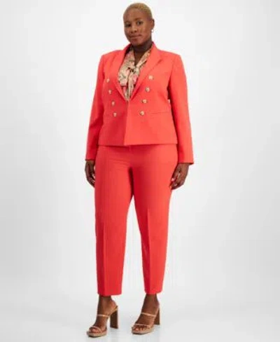 Tahari Asl Plus Size Faux Double Breasted Jacket Printed Bow Blouse Classic Ankle Pants In Grenadine