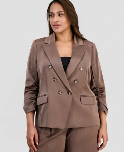 Tahari Asl Plus Size Faux-double-breasted Satin Jacket In Brown