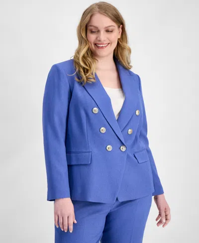 Tahari Asl Plus Size Faux-double-breasted Twill Blazer In Blue