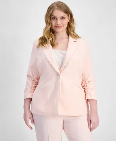 Tahari Asl Plus Size Faux-pearl-trim Ruched-sleeve Blazer In Pink
