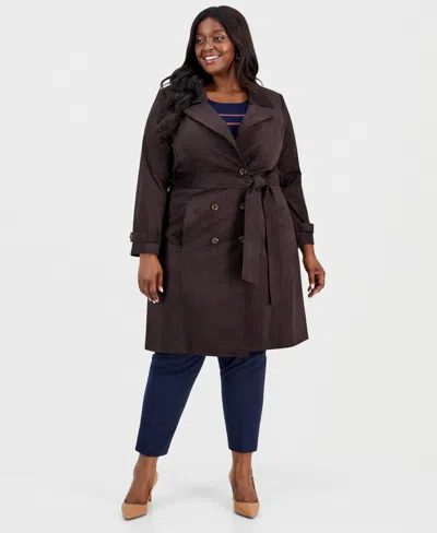Tahari Asl Plus Size Faux-suede Trench Coat In Brown