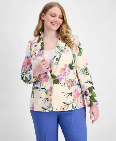 Tahari Asl Plus Size Floral Print Single-button Blazer In Neutral