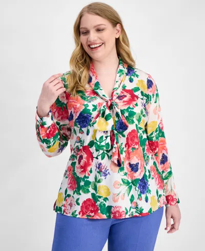 Tahari Asl Plus Size Floral Print Tie-neck Blouse In Multi