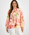 Tahari Asl Plus Size Floral-print Tie-neck Blouse In Peach Watercolor