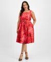 Tahari Asl Plus Size Jacquard Belted Fit & Flare Dress In Red