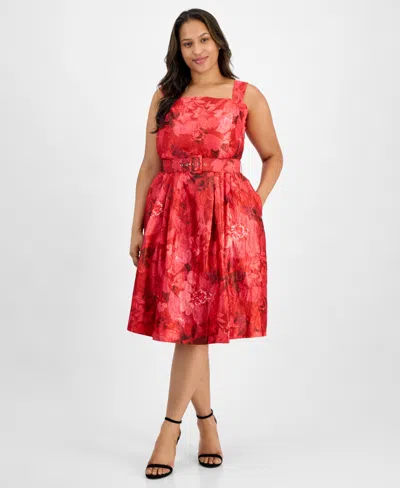 Tahari Asl Plus Size Jacquard Belted Fit & Flare Dress In Red