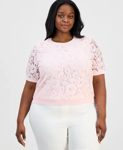 Tahari Asl Plus Size Lace-front Short-sleeve Sweater In Pink