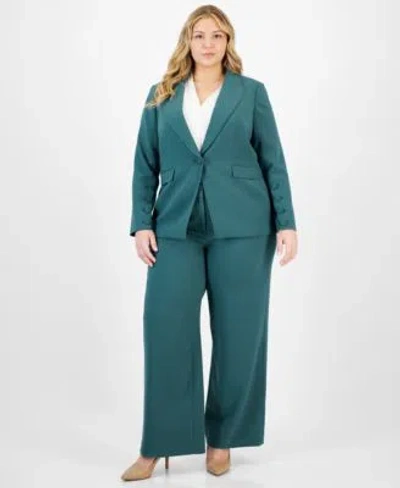 Tahari Asl Plus Size Long Sleeve One Button Blazer Sailor Tie Neck Blouse Mid Rise Wide Leg Pants In Eucalyptus