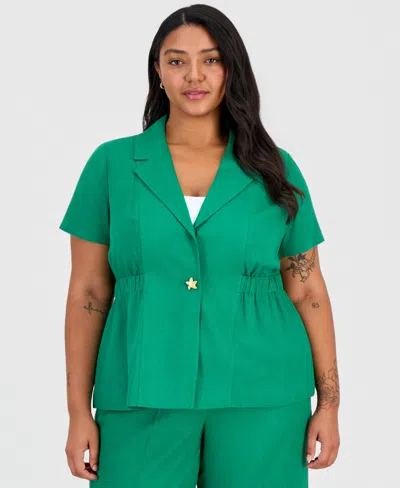 Tahari Asl Plus Size Notch-collar Short-sleeve Jacket In Green