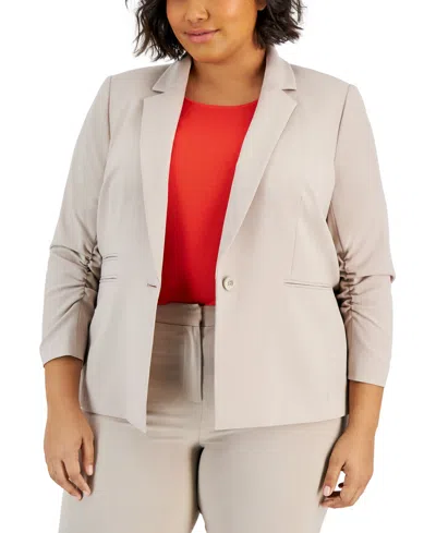 Tahari Asl Plus Size Notched Collar Ruched-sleeve Blazer In Sand