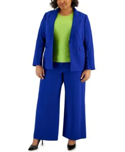 Tahari Asl Plus Size One Button Blazer Knit Top Wide Leg Pants In Cobalt