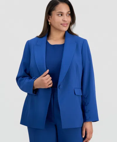 Tahari Asl Plus Size One-button Long-sleeve Blazer In Blue