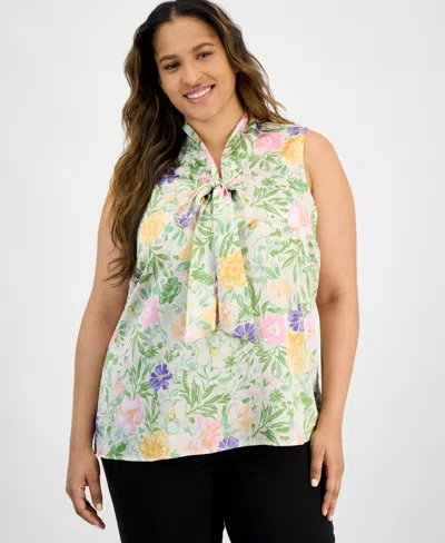 Tahari Asl Plus Size Paisley-print Bow-neck Blouse In Floral Multi