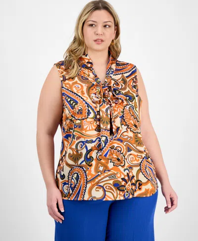 Tahari Asl Plus Size Paisley-print Tie-neck Blouse