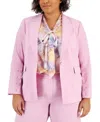 Tahari Asl Womens One Button Crepe Blazer Floral Print Tie Neck Sleeveless Top Wide Leg Crepe Pants In Pink Macaroon