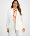 Tahari Asl Plus Size Peak Lapel Blazer Floral Tie Neck Blouse Mid Rise Pants In White