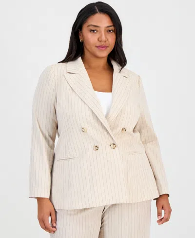 Tahari Asl Plus Size Pinstripe Double-breasted Blazer In Neutral
