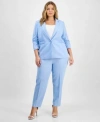 Tahari Asl Plus Size Pinstriped Ruched Sleeve Blazer Classic Mid Rise Ankle Pants In Ice Blue
