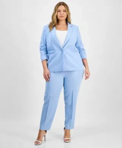 Tahari Asl Plus Size Pinstriped Ruched Sleeve Blazer Classic Mid Rise Ankle Pants In Ice Blue