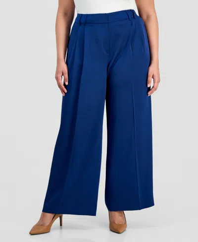 Tahari Asl Plus Size Pleat-front Wide-leg Satin Pants In Blue