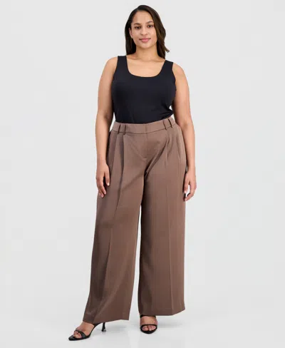 Tahari Asl Plus Size Pleat-front Wide-leg Satin Pants In Brown