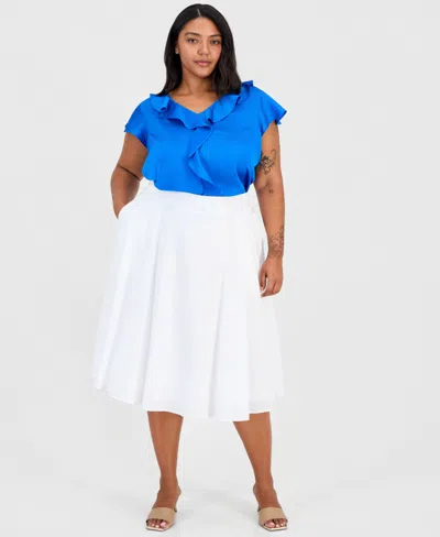 Tahari Asl Plus Size Pleated Cotton Midi Skirt In White