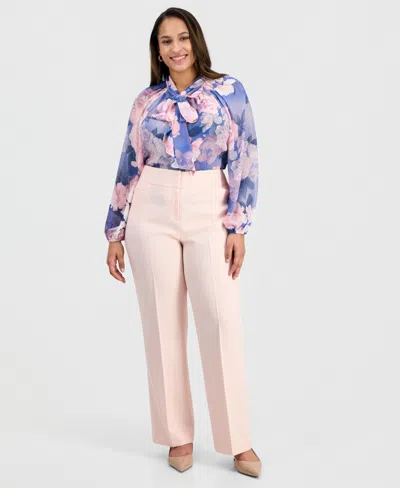 Tahari Asl Plus Size Press-pleat High-rise Bell-bottom Pants In Pink