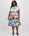 Tahari Asl Plus Size Printed Belted Midi Shirtdress