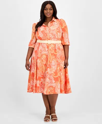 Tahari Asl Plus Size Printed Belted Midi Shirtdress In Coral Paisley