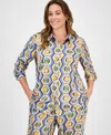 Tahari Asl Plus Size Printed Button-front Blouse In Blue Chains
