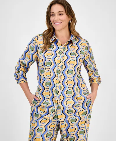 Tahari Asl Plus Size Printed Button-front Blouse In Blue Chains