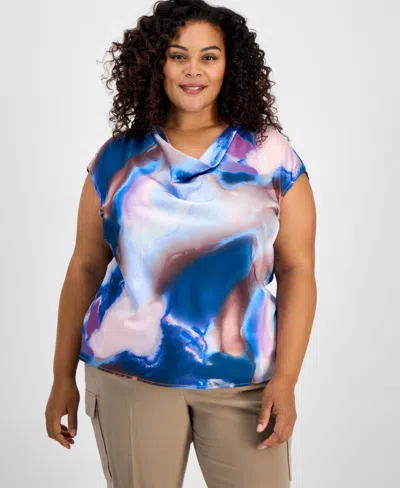 Tahari Asl Plus Size Printed Cowl-neck Blouse In Indigo Multi