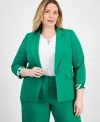 Tahari Asl Plus Size Printed-cuff 3/4-sleeve Linen-blend Blazer In Clover