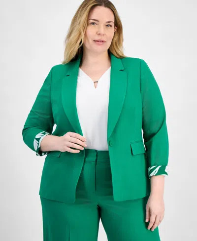 Tahari Asl Plus Size Printed-cuff 3/4-sleeve Linen-blend Blazer In Clover