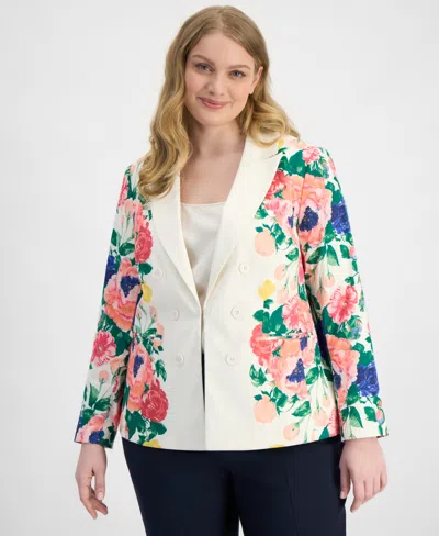 Tahari Asl Plus Size Printed Faux Double-breasted Blazer In Multi