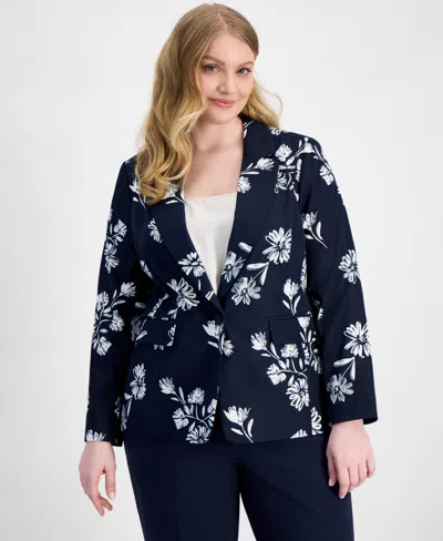 Tahari Asl Plus Size Printed Notch-lapel Blazer In Black