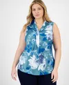 Tahari Asl Plus Size Printed Sailor Tie-neck Blouse In Teal Blue