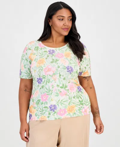 Tahari Asl Plus Size Printed Short-sleeve Sweater In White