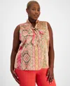 Tahari Asl Plus Size Printed Sleeveless Bow Blouse In Olive,peach