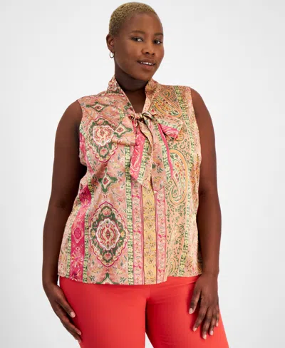 Tahari Asl Plus Size Printed Sleeveless Bow Blouse In Olive,peach