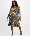 Tahari Asl Plus Size Printed V-neck Tie-waist Midi Dress In Multi