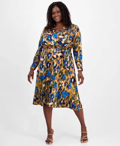 Tahari Asl Plus Size Printed V-neck Tie-waist Midi Dress In Multi