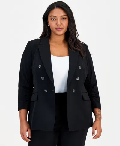 Tahari Asl Plus Size Ruched-sleeve Asymmetrical Blazer In Black