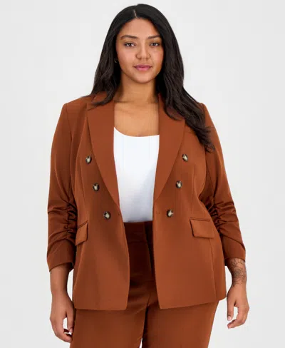 Tahari Asl Plus Size Ruched-sleeve Asymmetrical Blazer In Brown