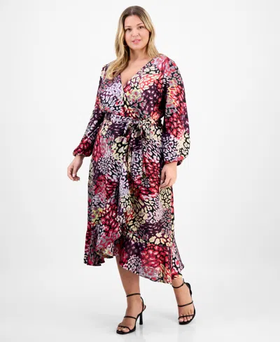 Tahari Asl Plus Size Ruffle Hem Printed Faux-wrap Dress In Multi