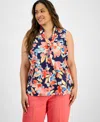 Tahari Asl Plus Size Sailor Tie-neck Sleeveless Blouse In Navy Coral Floral