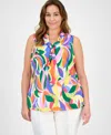 Tahari Asl Plus Size Sailor-tie Sleeveless Blouse In Clover Swirl