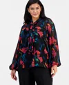 Tahari Asl Plus Size Scarf-neck Top In Brown
