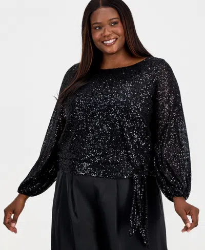 Tahari Asl Plus Size Sequin Blouson-sleeve Top In Black