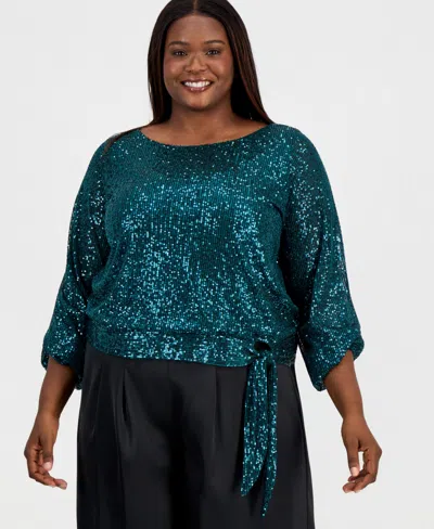 Tahari Asl Plus Size Sequin Blouson-sleeve Top In Green